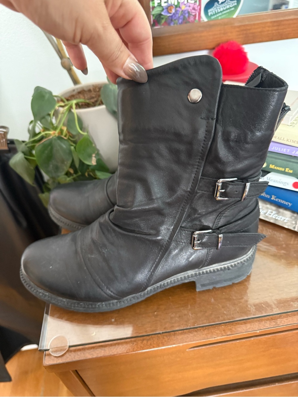 Miz Mooz Black Leather Moto Ankle Boots with Buckle Straps